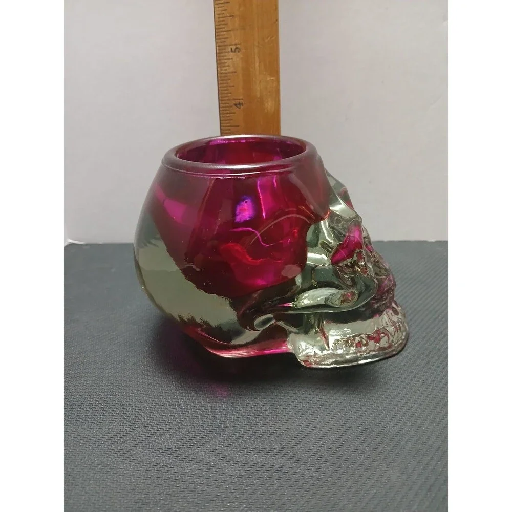 Pink Glass Skull Tealight Holder Vintage Heavy Halloween Votive‎ Candle